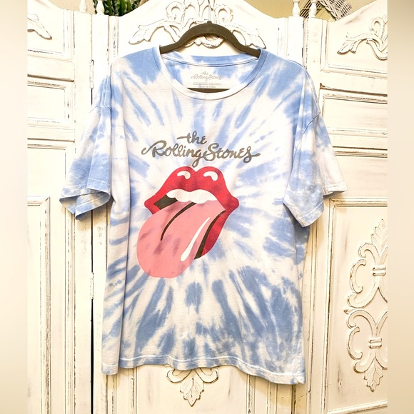 the Rolling Stones Tops - Rolling Stones Tie Dye Graphic Tee Blue and White Mouth Lips T-Shirt Size M